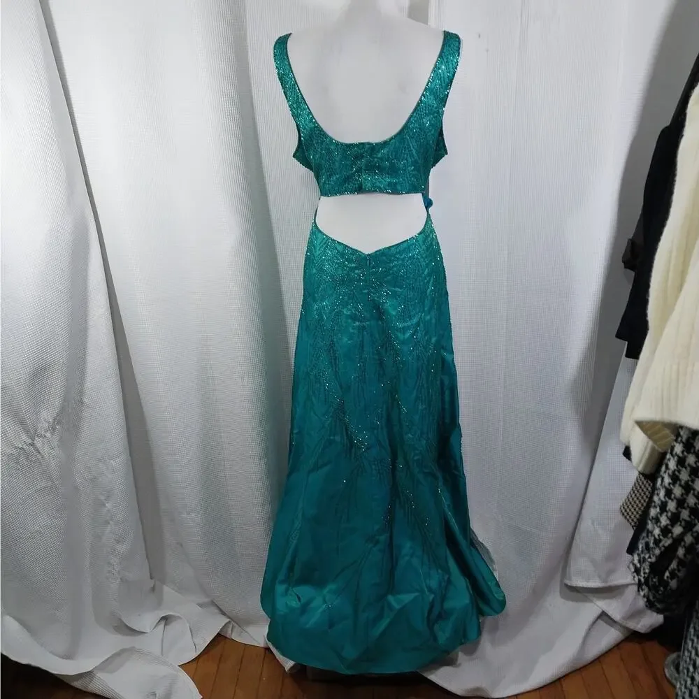 LEGENDS! TURQUOISE BLUE/GREEN IRIDESCENT MAGNIFICENTLY BEADED GOWN, DRESS! SZ 16 - Picture 6 of 11